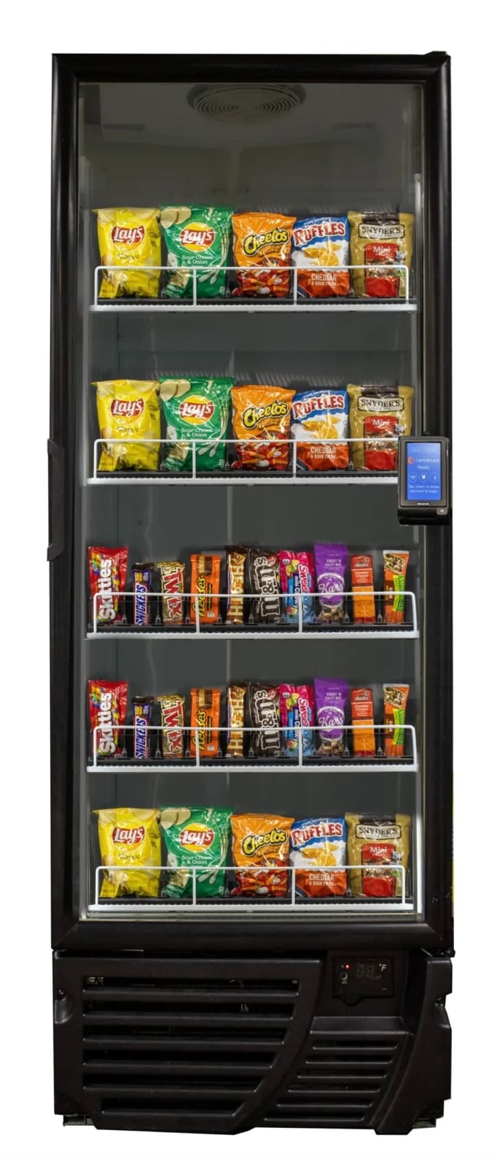 Beard Bros AI smart cooler with tap-to-pay reader, fully stocked with snacks
